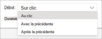 Le sélecteur de liste déroulante Démarrer lors de l’application d’une animation dans PowerPoint sur le Web.