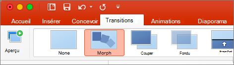 Transition Transformer dans le menu Transitions de PowerPoint 2016 pour Mac
