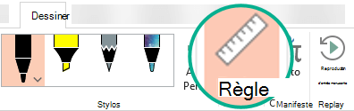 Le gabarit Règle se trouve sur l’onglet Dessin du ruban dans PowerPoint 2016.