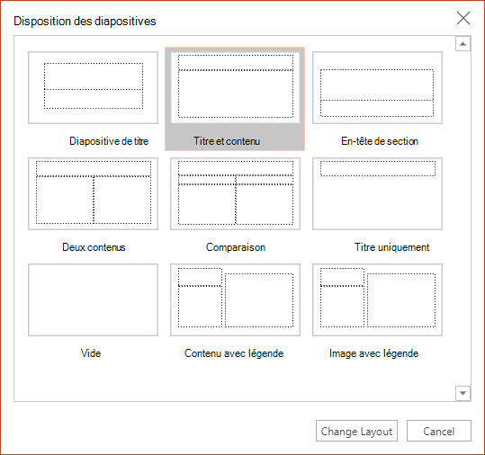 Boîte de dialogue Disposition des diapositives dans PowerPoint sur le Web.