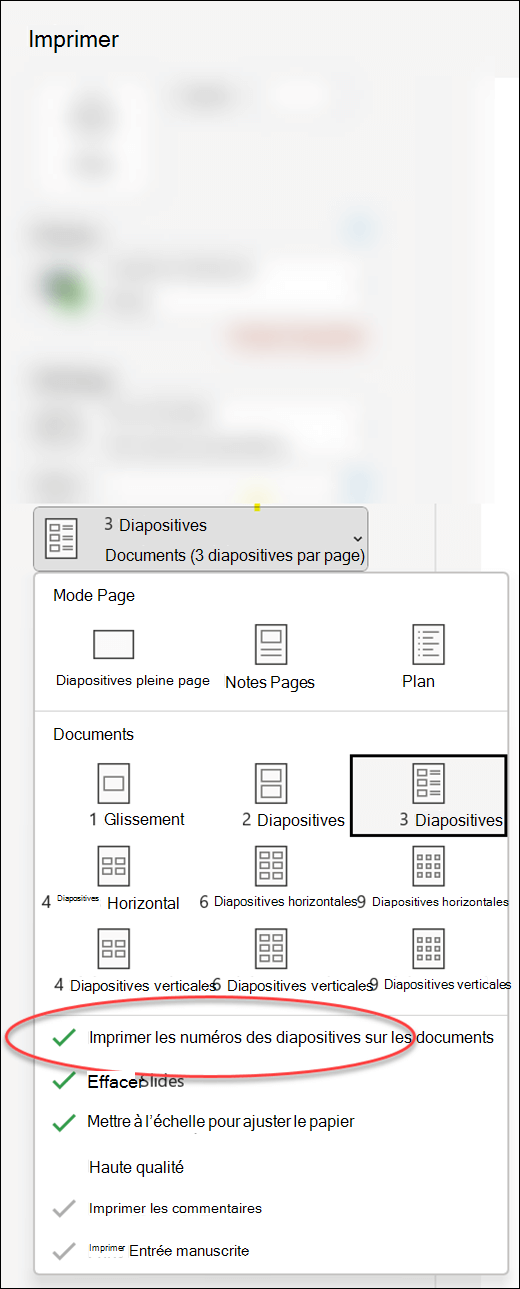 Boîte de dialogue Imprimer dans PowerPoint montrant l’option permettant d’imprimer des numéros de diapositive sur des documents.