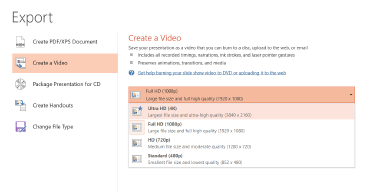 Capture d’écran de la boîte de dialogue Exportation montrant les options disponibles pour la création d’une vidéo basée sur une présentation