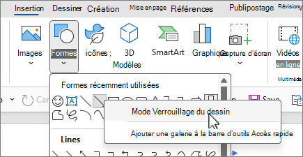 Écran du mode dessin de verrouillage des formes