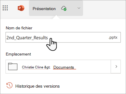 Capture d’écran montrant un nouveau nom pour une présentation dans la zone de texte Nom fin.