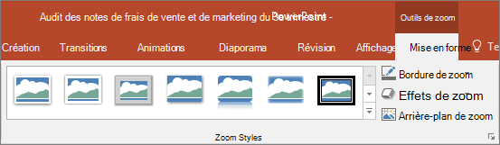 Différents styles et effets de zoom proposés sous l’onglet Mise en forme dans PowerPoint