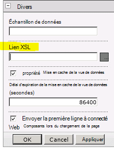 Propriété Lien XSL du menu Composant WebPart