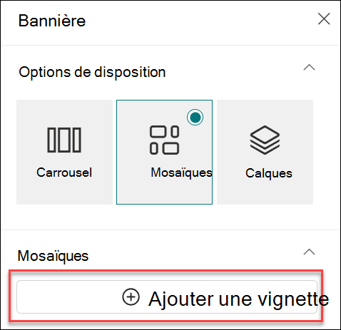 Capture d’écran de l’ajout d’une vignette pour le composant WebPart héros