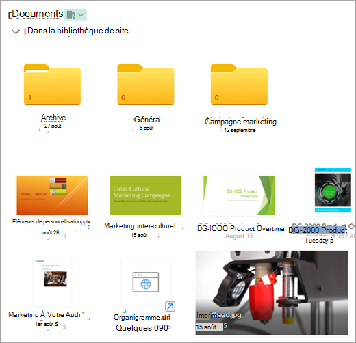 Capture d’écran d’une bibliothèque de documents moderne SharePoint avec un lien.