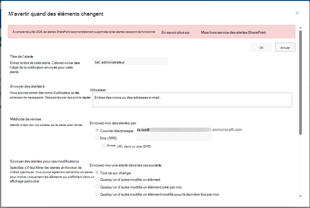 Affiche la boîte de dialogue de création d’alerte avec la bannière expliquant que les alertes SharePoint sont supprimées