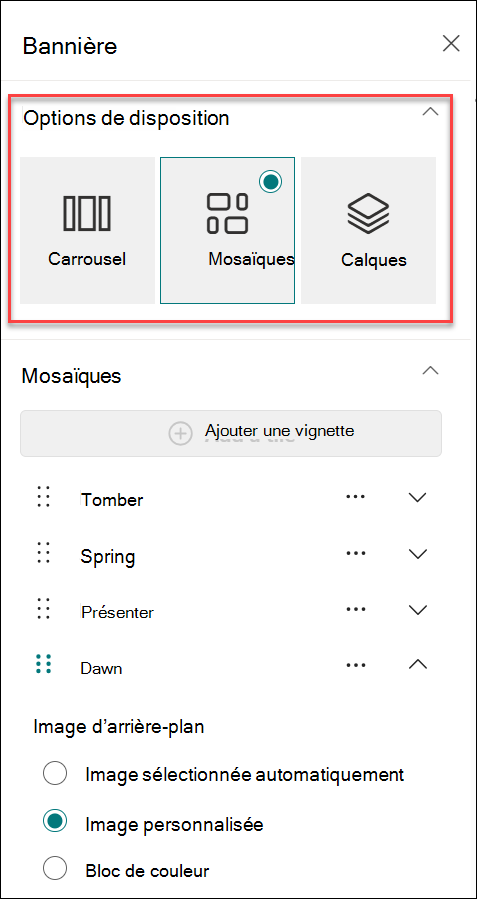 Capture d’écran de la modification de la disposition à partir du volet des propriétés