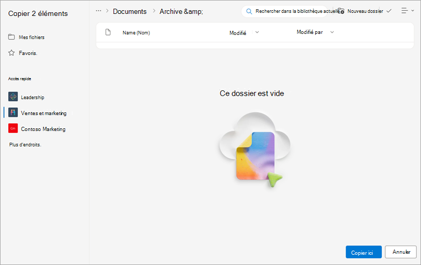 Nouveau dossier dans lequel les fichiers copiés apparaîtront.