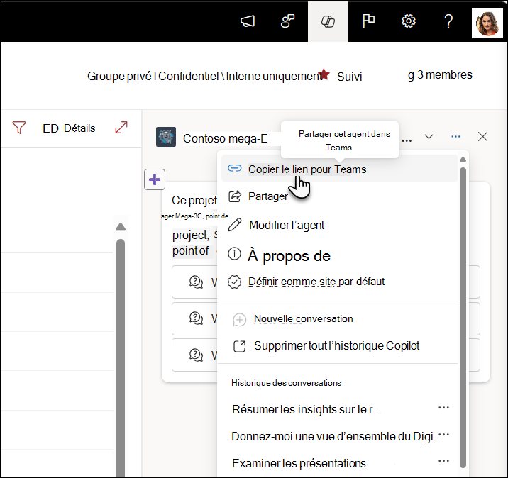 Capture d’écran du lien Copier à partager dans Teams