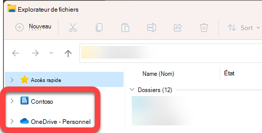 Dans le volet de navigation à gauche de Explorateur de fichiers, il existe des dossiers de niveau supérieur pour une bibliothèque SharePoint synchronisée et un OneDrive synchronisé.
