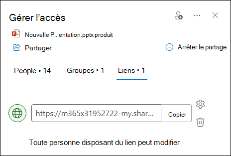 Capture d’écran montrant la boîte de dialogue Gérer l’accès avec l’onglet Liens ouvert.