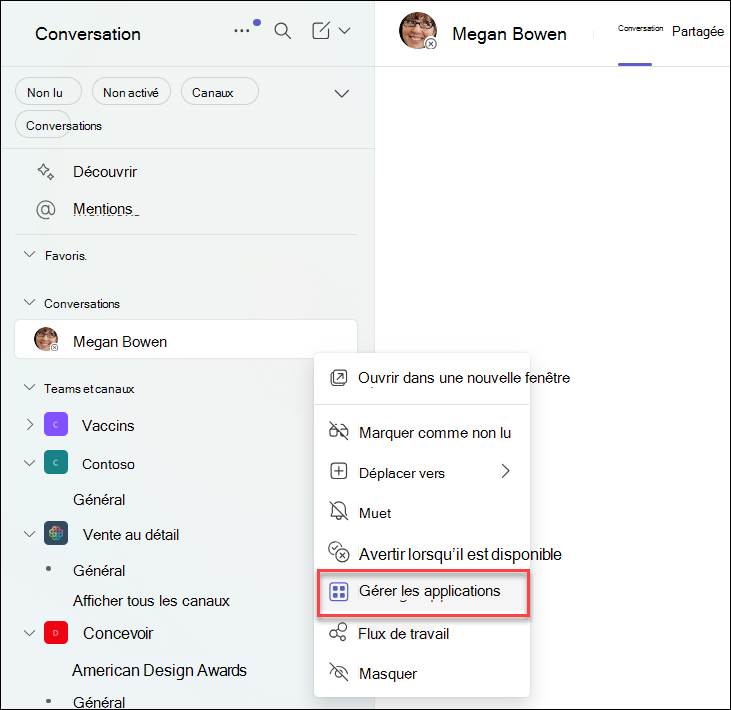 Capture d’écran de la gestion des applications dans une conversation Teams