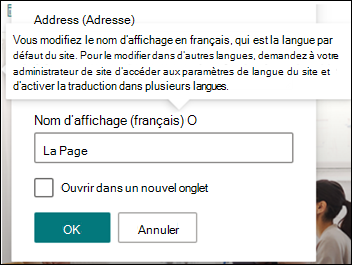 Image d’un lien de navigation en cours de modification.