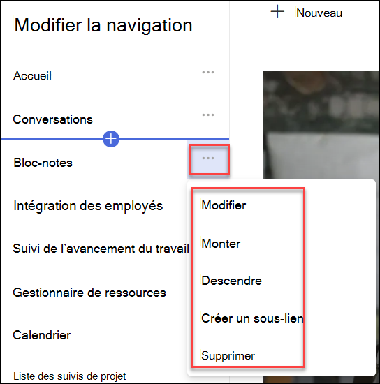 capture d’écran du menu contextuel de navigation