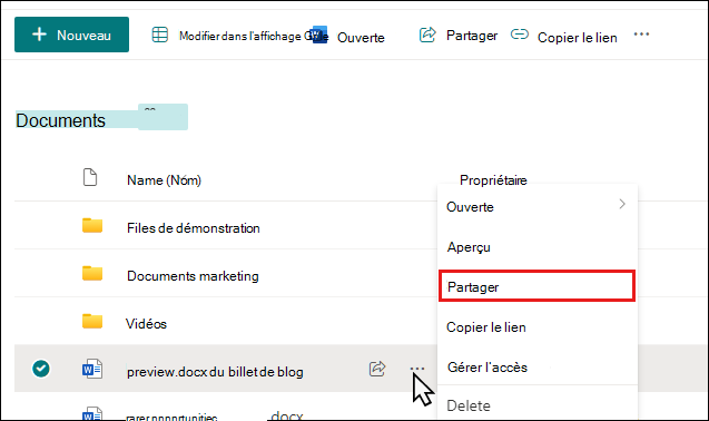 Commencer à partager un document dans une bibliothèque SharePoint