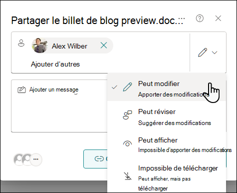 Sélectionner un paramètre d’autorisation pour les personnes invitées à partager un document