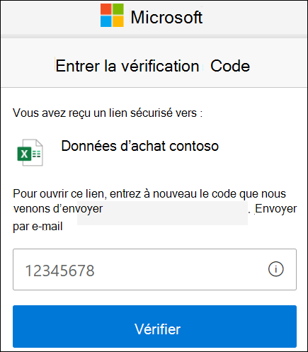 Fenêtre de vérification du code du partage externe OneDrive