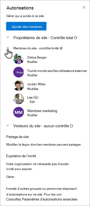 Boîte de dialogue Autorisations qui vous permet de gérer les membres et leurs niveaux d’autorisation.