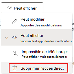 Capture d’écran des autorisations de partage avec l’option Supprimer l’accès direct mise en évidence.