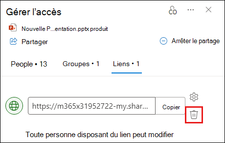 Capture d’écran montrant la boîte de dialogue Gérer l’accès avec l’onglet lien ouvert. Le bouton Supprimer le lien est mis en surbrillance.