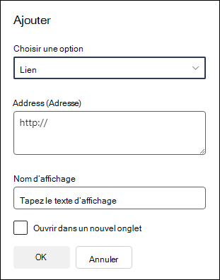 Ajout d’un lien vers un menu de navigation sur un site d’équipe.