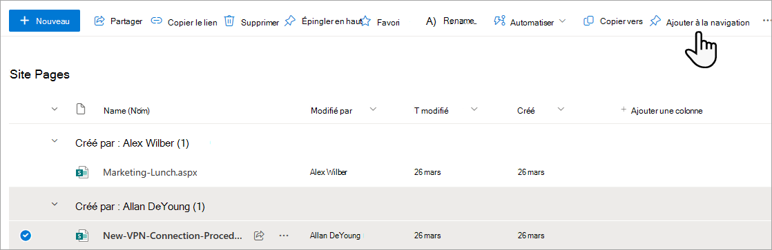 Ajout d’une page au menu à partir de Pages de site.