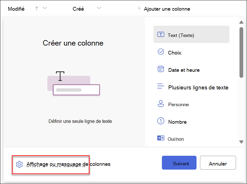 Capture d’écran de l’option Afficher les colonnes masquées sélectionnée