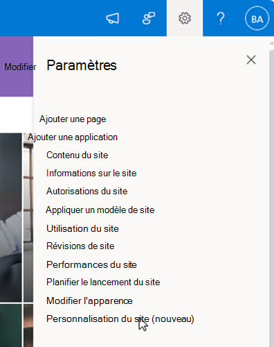 capture d’écran de l’entrée de personnalisation du site
