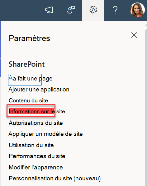 Option Informations sur le site dans la boîte de dialogue Paramètres.