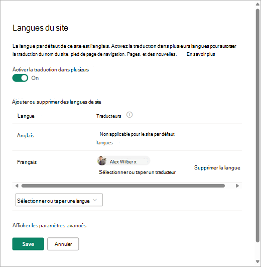 Capture d’écran montrant la page Langues du site dans SharePoint.