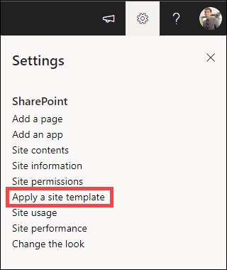 Paramètres avec Appliquer un modèle de site mis en surbrillance.