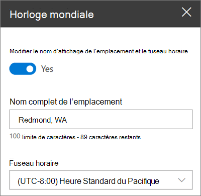 Boîte à outils pour le composant WebPart Horloge mondiale pour les sites SharePoint, montrant comment personnaliser un nom d’affichage et un fuseau horaire