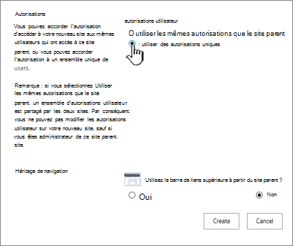 Écran Ajouter un wiki d’entreprise avec des autorisations uniques mise en évidence