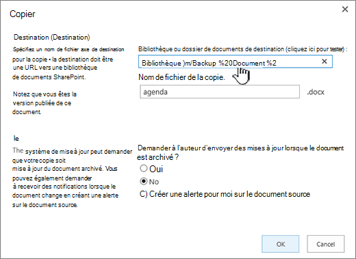 Boîte de dialogue Copier avec l’URL sélectionnée.