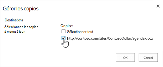 Sélectionner les copies de destination à mettre à jour