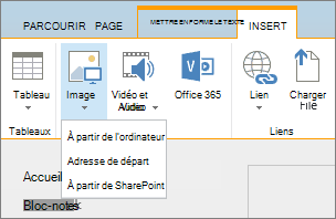 Ruban de SharePoint Online. Sélectionnez l’onglet Insérer, puis sélectionnez Image pour indiquer si vous voulez charger un fichier à partir de votre ordinateur, à partir d’une adresse web ou à partir d’un emplacement SharePoint.