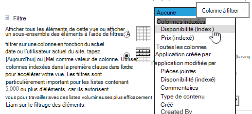 Dans SharePoint Online, sélectionnez un champ indexé