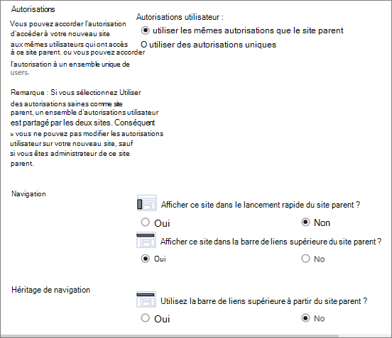 Partie inférieure de la boîte de dialogue Créer un site