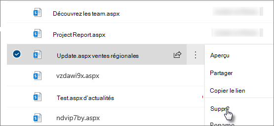 Commande Supprimer en regard de la page sélectionnée