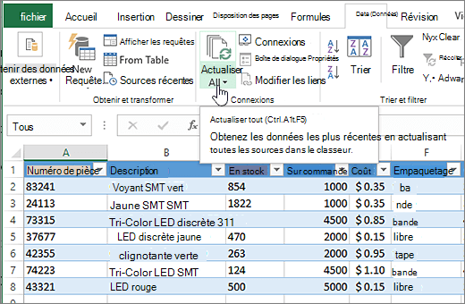 Feuille de calcul Excel avec liste importée et bouton Actualiser tout mis en évidence.