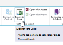 Bouton Exporter vers Excel en évidence sur le ruban de SharePoint