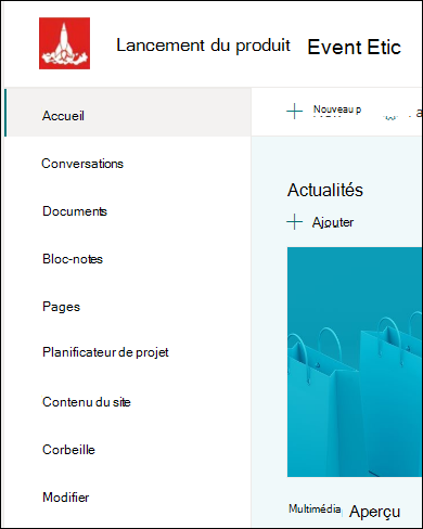 Menu de gauche du site d’équipe SharePoint