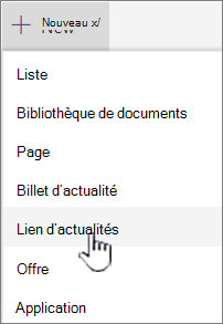 Sélectionnez le lien Actualités dans le menu + Nouveau