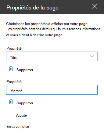 Volet de composants WebPart Propriétés de la page