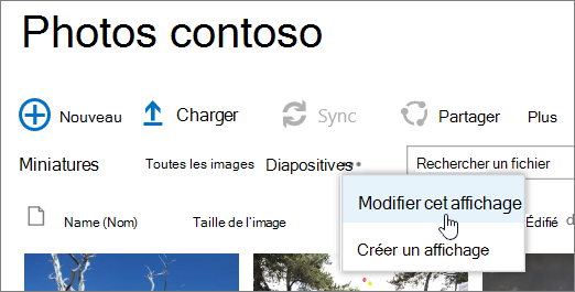 Barre d’affichage de la bibliothèque d’images avec l’option Modifier l’affichage sélectionnée