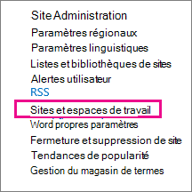 Section Sites et espaces de travail de la page Paramètres du site