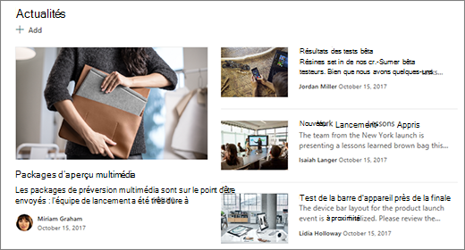 Nouvelle section du site d’équipe sur la page d’accueil